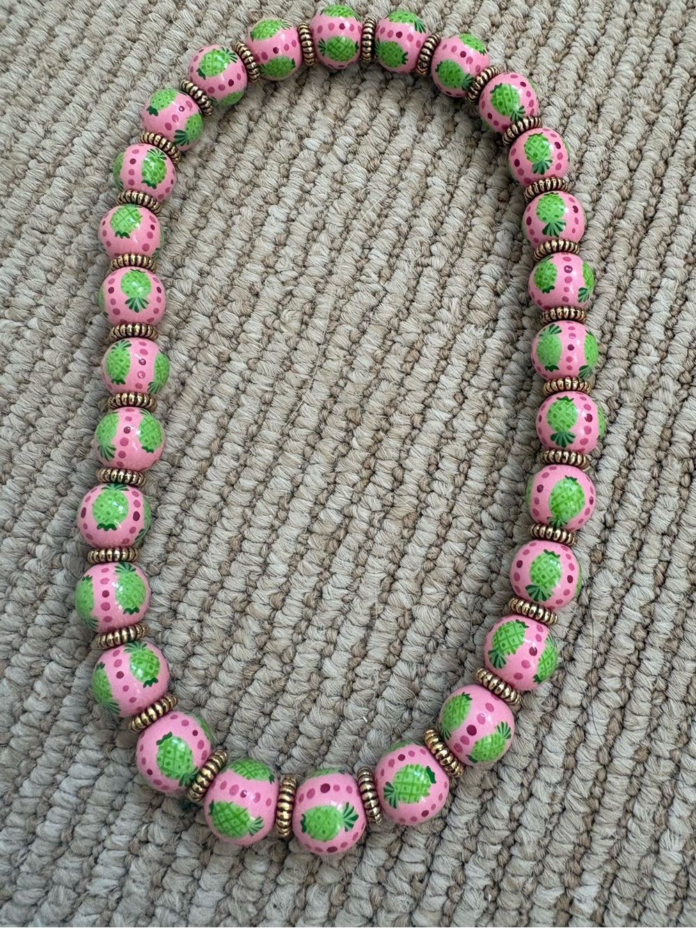 Angela Moore Pink & Green Beaded Pineapple Stretch Necklace 14"